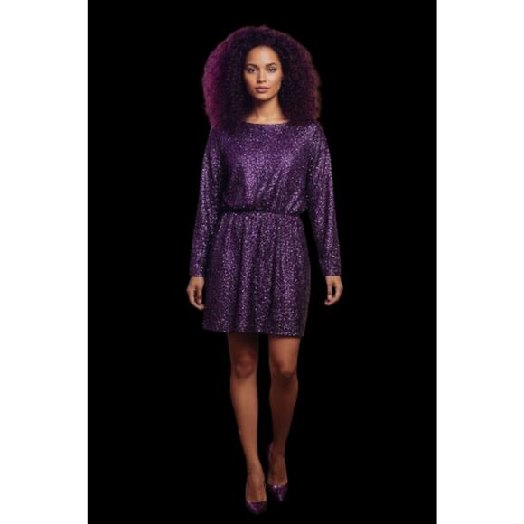 Sequins Strong Shoulder Mini Dress M Purple Holiday Party New Year Sparkle Shiny - Picture 7 of 16